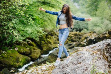 woman travel in mountain river eco tourist