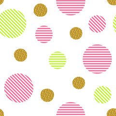 Seamless pattern with golden glitter circles and colored stripes circles isolated on a white background.