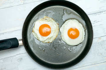 Two fried eggs in a pan