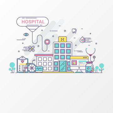Hospital concept - Medical vector Images flat line style. Set of healthcare contains icon elements, stethoscope, pharmacy, wheelchair, hospital website. For graphic healthcare, Hospital flyer, info gr