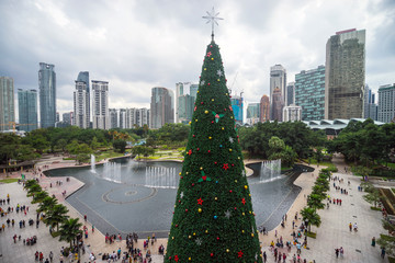 Fototapeta premium Green giant Christmas tree at front of Kuala Lumpur City Centre mall as part of Christmas celebration for downtown Kuala Lumpur.