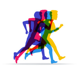 Running marathon, people run in different positions. Colored silhouettes of sports people