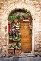 Fototapeta na wymiar The beautiful wooden door decorated with lots of flowers and plants