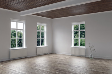 Empty bright room with wood floor and ceiling