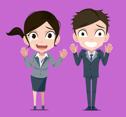 Businessman and woman deny job. Big mistake. Assign work to subordinates.