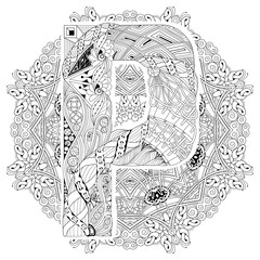 Mandala with letter P for coloring. Vector decorative zentangle