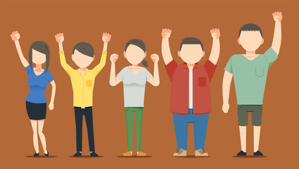 Obraz premium Public comment. Group of people and happy cheer concept. Hand up with your friend. Young happy lifestyle.