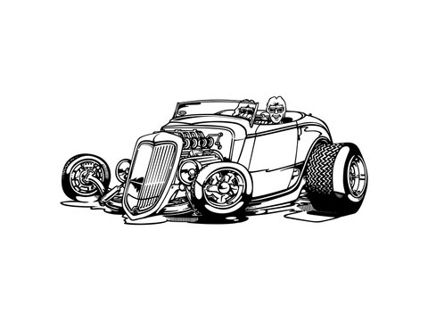 Vector - retro, hot-rod with big motor , isolated on background