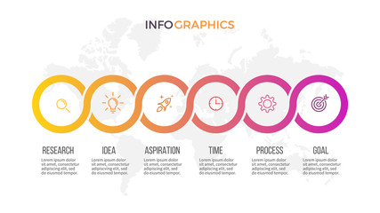 Business infographics. Presentation with 6 steps, circles. Vector template.