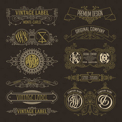 Old vintage floral elements - ribbons, monograms, stripes, lines, angles,border, frame,label, logo - vectors