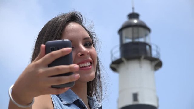 Teen Girl Tourist Selfy At Lighthouse
