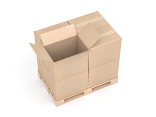 Opened cardboard box, Four boxes mockup on euro pallet, 3d rendering