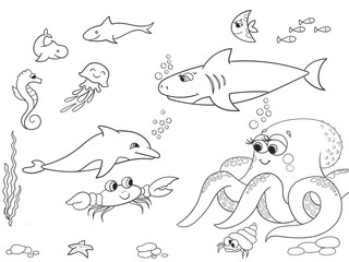 Fototapeta premium Seabed with marine animals object. Vector coloring for kids, cartoon.