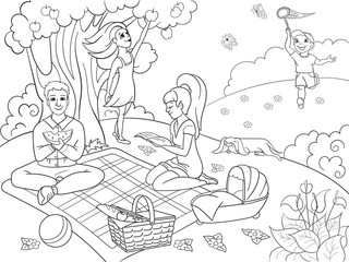 Picnic in nature coloring book for children cartoon vector illustration