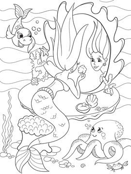 ermaid looks in the mirror coloring book for children cartoon vector illustration