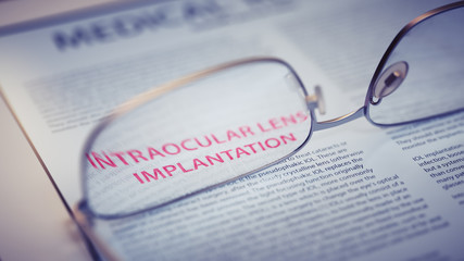 Intraocular Lens Implantation Article Title Highlighted Through Eyeglasses. Vision Surgery Concept 3d Illustration