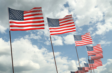 Waving USA flags on sky background. Patriotic concept