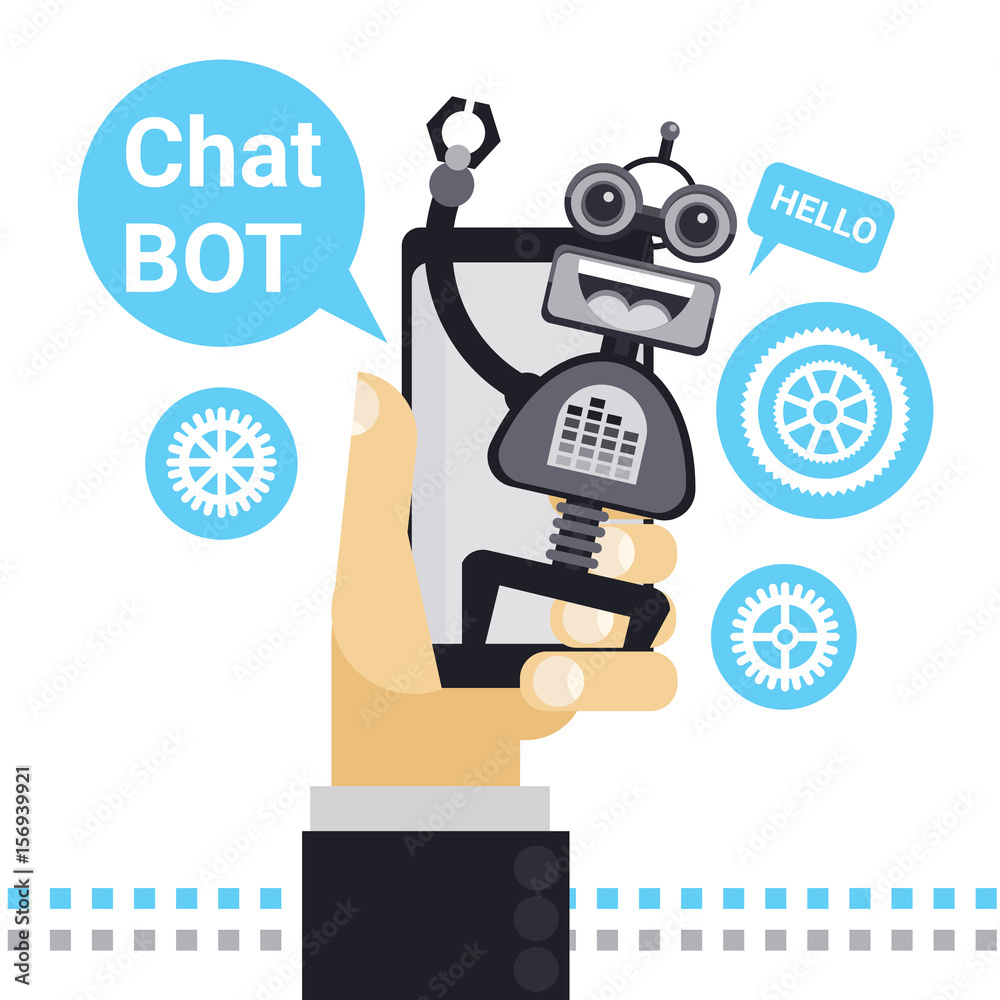 Poster man chatting with chat bot on cell smart phone, robot virtual assistance element of website or mobil