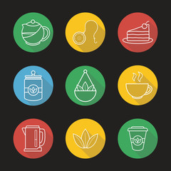 Tea flat linear long shadow icons set