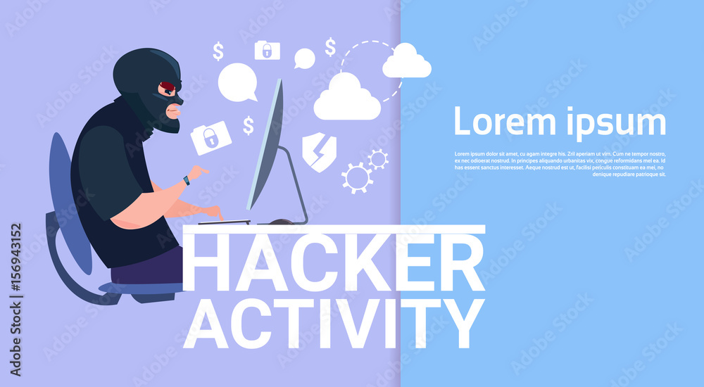 Poster man sitting at computer hacker activity concept viruses data privacy attack internet information sec
