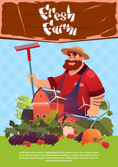 Farmer Standing Near Farm Building Eco Farming Fresh Domestic Food Concept Flat Vector Illustration