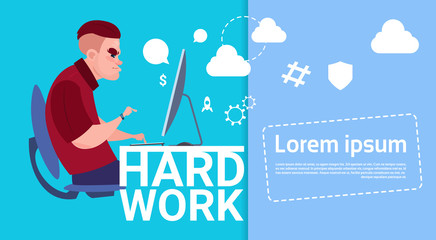 Business Man Working Computer Busy Hard Work Concept Banner With Copy Space Flat Vector Illustration