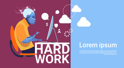Robotic Business Man Working Computer Busy Hard Work Concept Banner With Copy Space Flat Vector Illustration