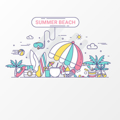 Summer beach concept. Holiday contains graphic element snorkel, beach umbrella, coconut juice, beach hat, surfboard, coconut tree, ice cream. For summer advertisement, travel leaflet, party brochure.