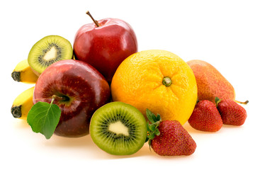 A bunch of fruits on white