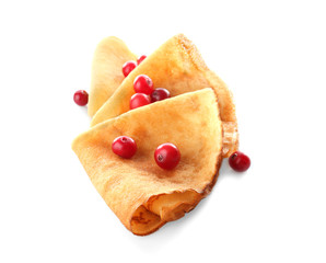 Tasty pancakes with berries, isolated on white