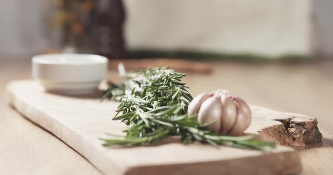 Focus pull shot of herbs for beef steak, 4k prores footage