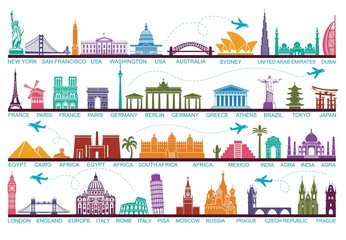 Image of Icons world tourist attractions. The symbols travel around the world. Landmark and attractions printed on Printed Glass Splashbacks