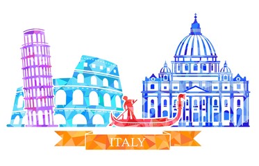 Traditional symbols of Italy in polygonal style. The Colosseum, leaning tower, gondolier, St. Peter s Cathedral.