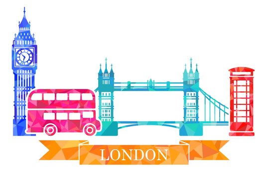 Traditional symbols of London in polygonal style. Big Ben, tower bridge, double-Decker, red telephone box
