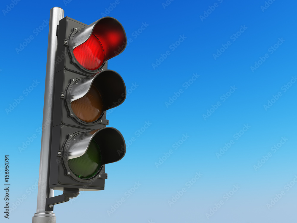 Wall mural traffic light with red color on blue sky background. stop concept.