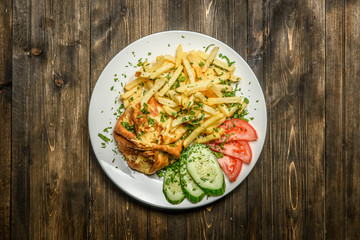 Dish with fries and pie