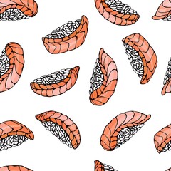 Salmon Nigiri Sushi, Ikura Sushi Pattern. For Seafood Menu. Ink Vector Illustration Isolated On a White Background Doodle Cartoon Vintage Hand Drawn Sketch.