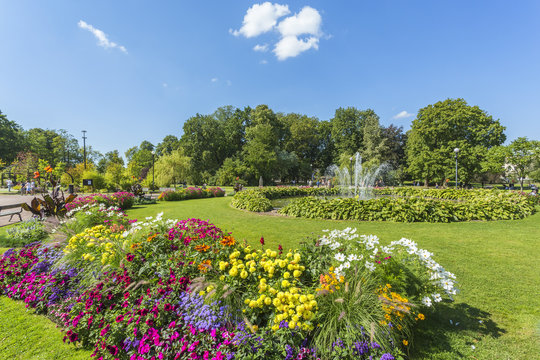 Blommande Blomsterrabatter och en fontän i the Garden Society of Gothenburg