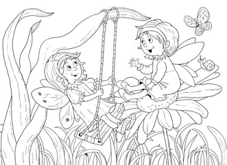 Cute fairies. Fairy tale. Coloring book. Coloring page. Illustration for children. Funny cartoon characters 