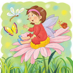 A cute fairy sitting on a flower. Fairy tale. Coloring book. Coloring page. Illustration for children. Funny cartoon characters 
