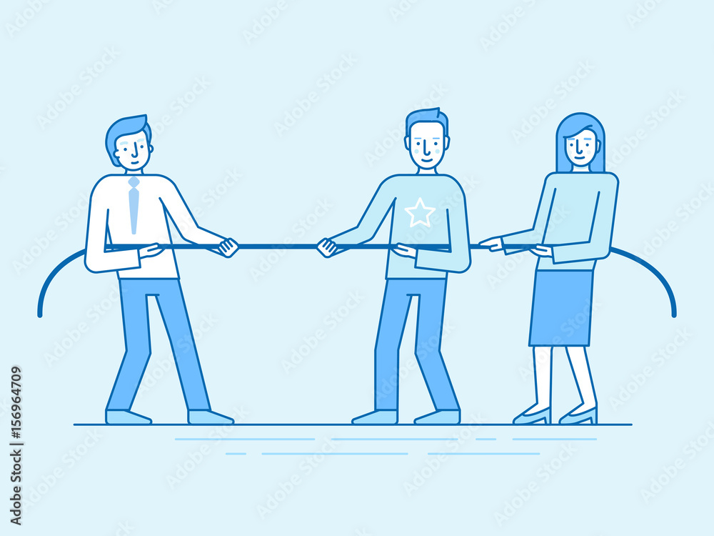 Poster vector illustration in trendy flat and linear style and blue colors - teamwork concept