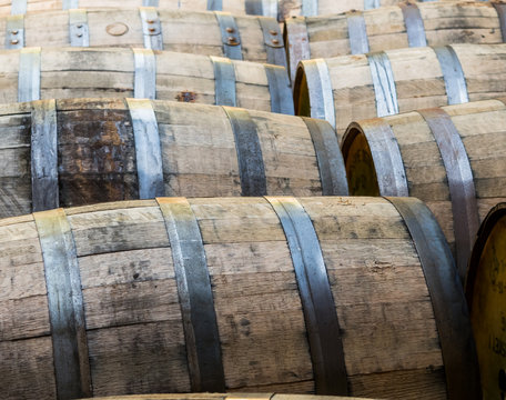 Rows of Old Bourbon Barrels
