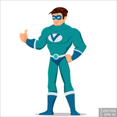 Fototapeta na wymiar brave masculine cartoon man in comic book superhero costume Super Male Hero. Defender protector Vector illustration eps10