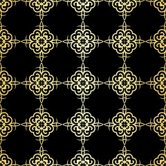 Ornamental wallpaper, vector luxury background. Vintage floral pattern on black with golden gradient.