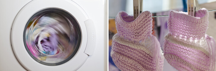 Collage of washing machine door with rotating garments inside