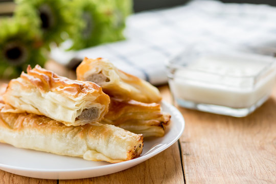 Burek Turkish and Balkan countries pita meal, pastry with meat