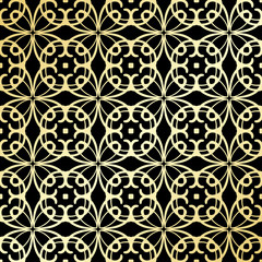 Ornamental wallpaper, vector luxury background. Vintage floral pattern on black with golden gradient.