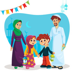 Happy Muslim Family with Ramadan Icons