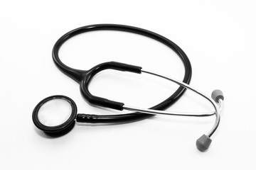 A medical doctor's stethoscope on a white background. 