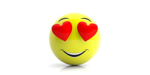 Yellow emoji with big smile and hearts on white background. 3d illustration
